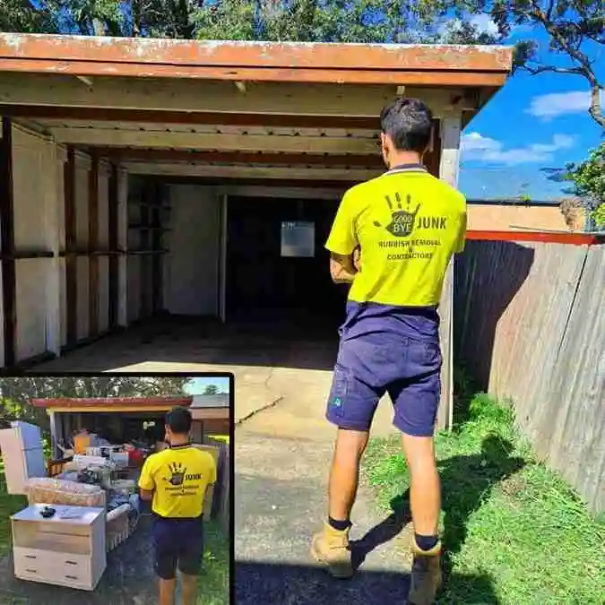 A before and after image of a goodbye junk worker standing in a garage