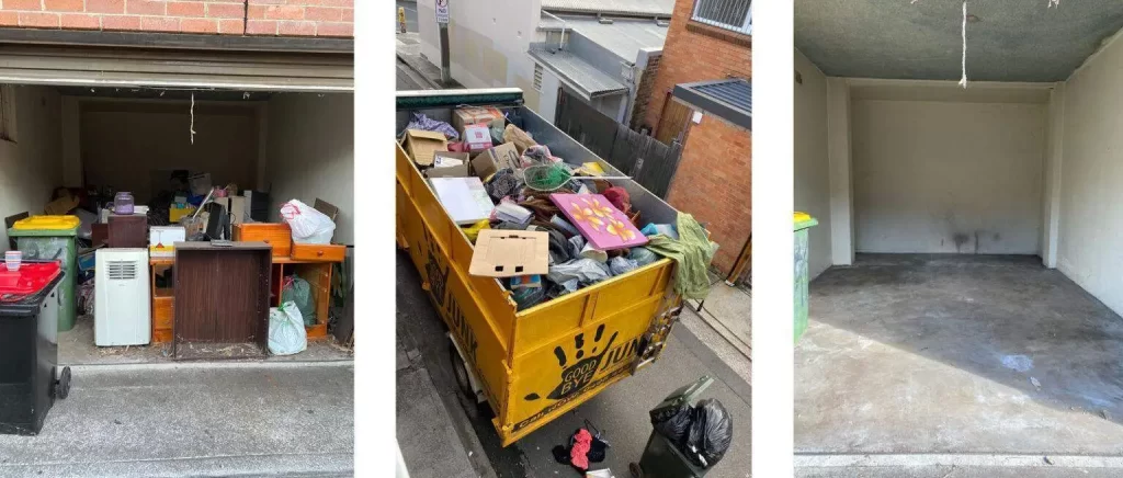 Before and after comparison of pictures of a room with some trash on it