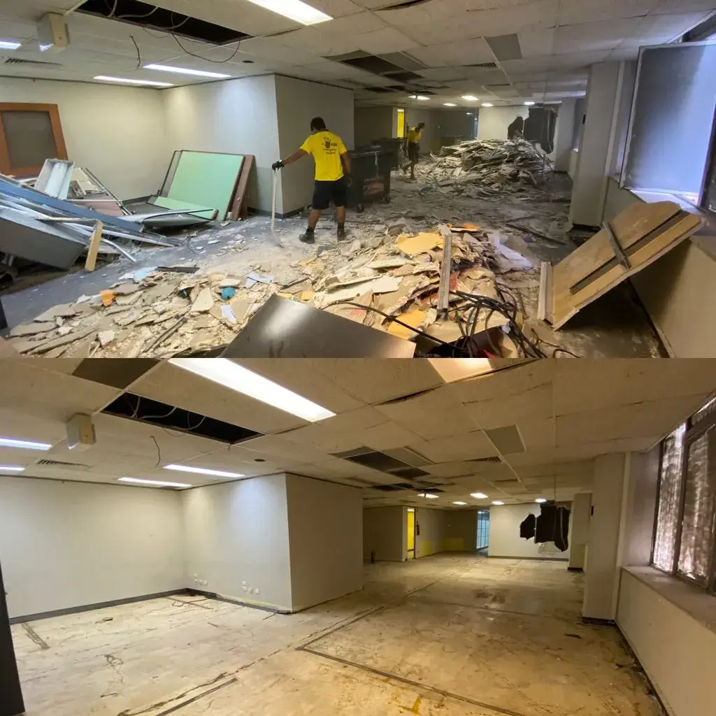 Before and after image of a room full of debris