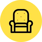 a black and yellow icon of a chair