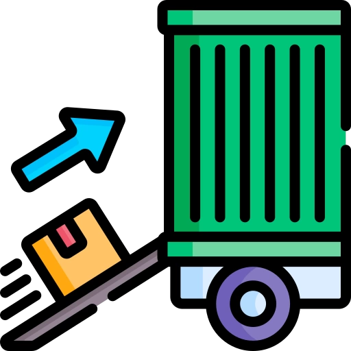 a green garbage truck with a blue arrow icon